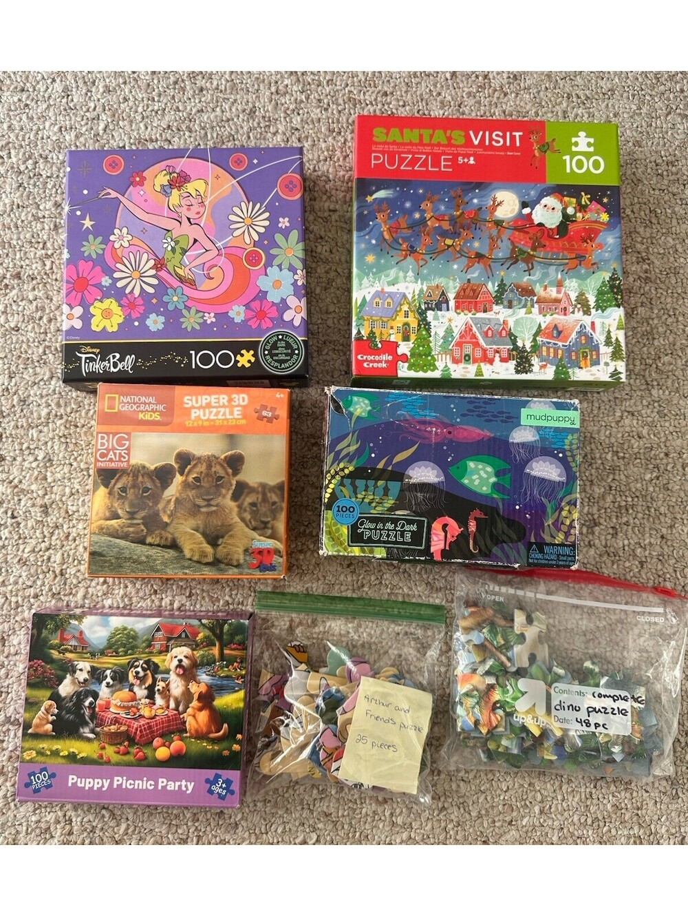 Lot of 7 Kids Jigsaw Puzzles Disney Nat Geo Mudpuppy 3D Glow 25-100 Pcs